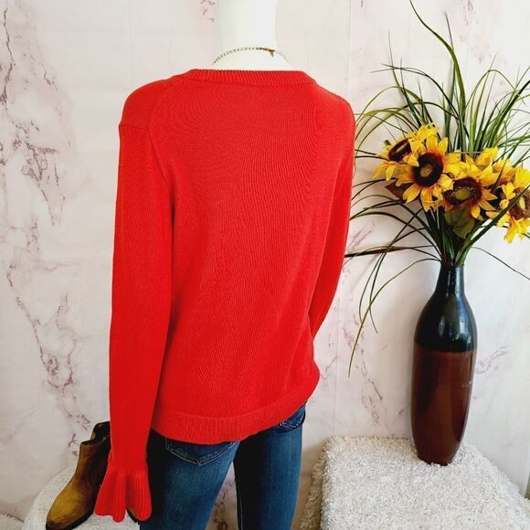 J. Crew red soft knit cotton sweater with fluted sleeves - Picture 6 of 8